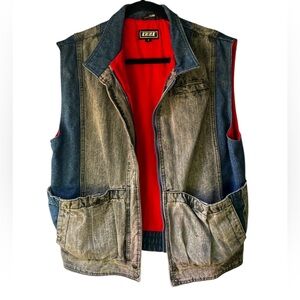 IZZI Vintage Men's Denim Vest - Blue and Red, Size Small Streetwear Y2K